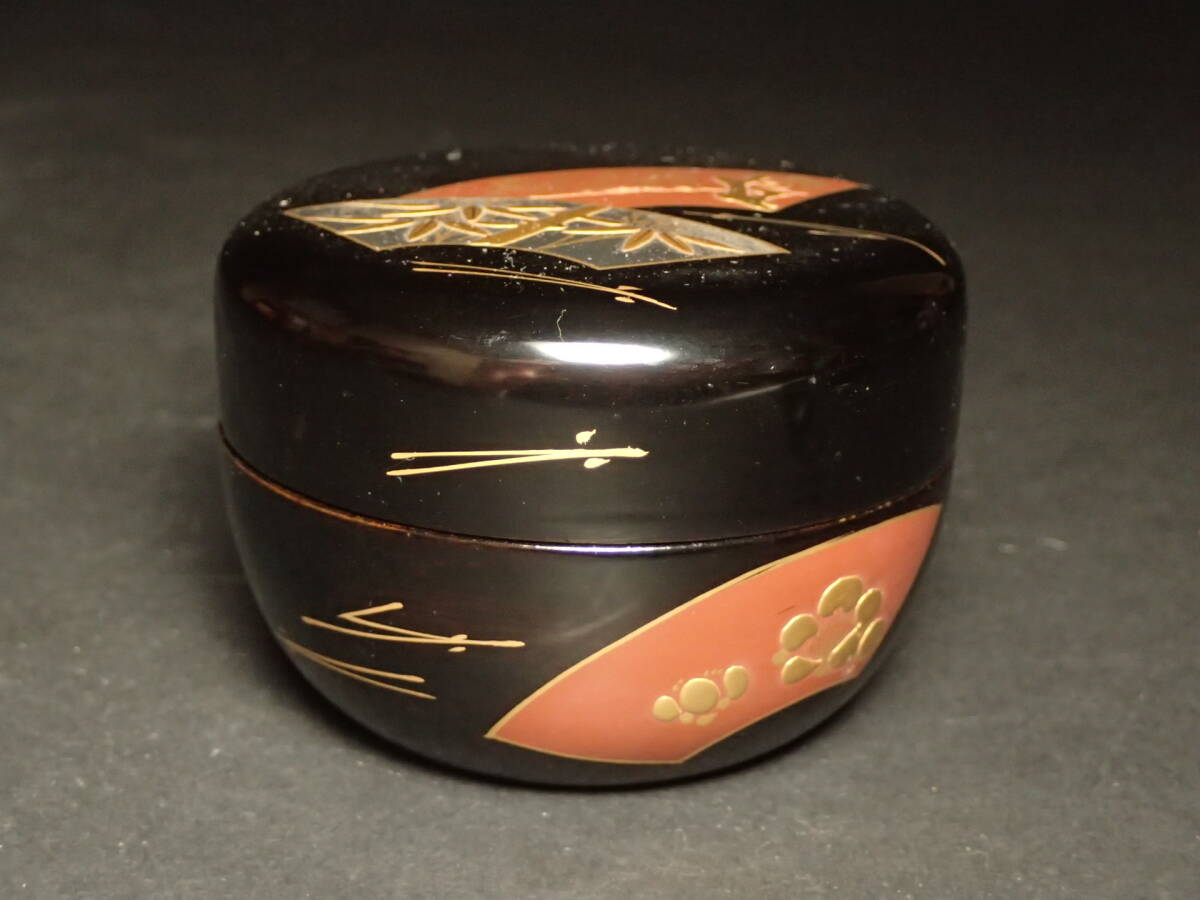 S-166 棗 なつめ 金彩扇面図 蒔絵 茶道具 漆 木製 古美術 骨董品 約7.5cm 約5.5cm拍卖