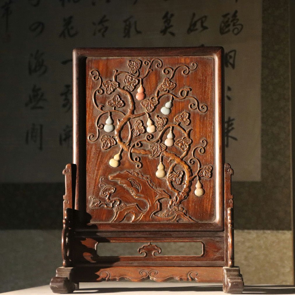 ■観心・時代旧蔵■K1001清時代 黄花梨 案屏 屏風 黄花梨木細密細工★古置物★古賞物★古擺件★蒐集家放出★唐物拍卖