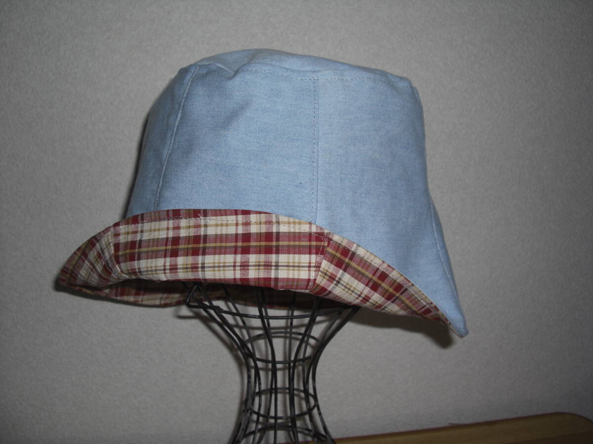 ★ハンドメイド リメイク チューリップ帽 トップフラット リバーシブル 水色&ベージュ茶チェック M拍卖