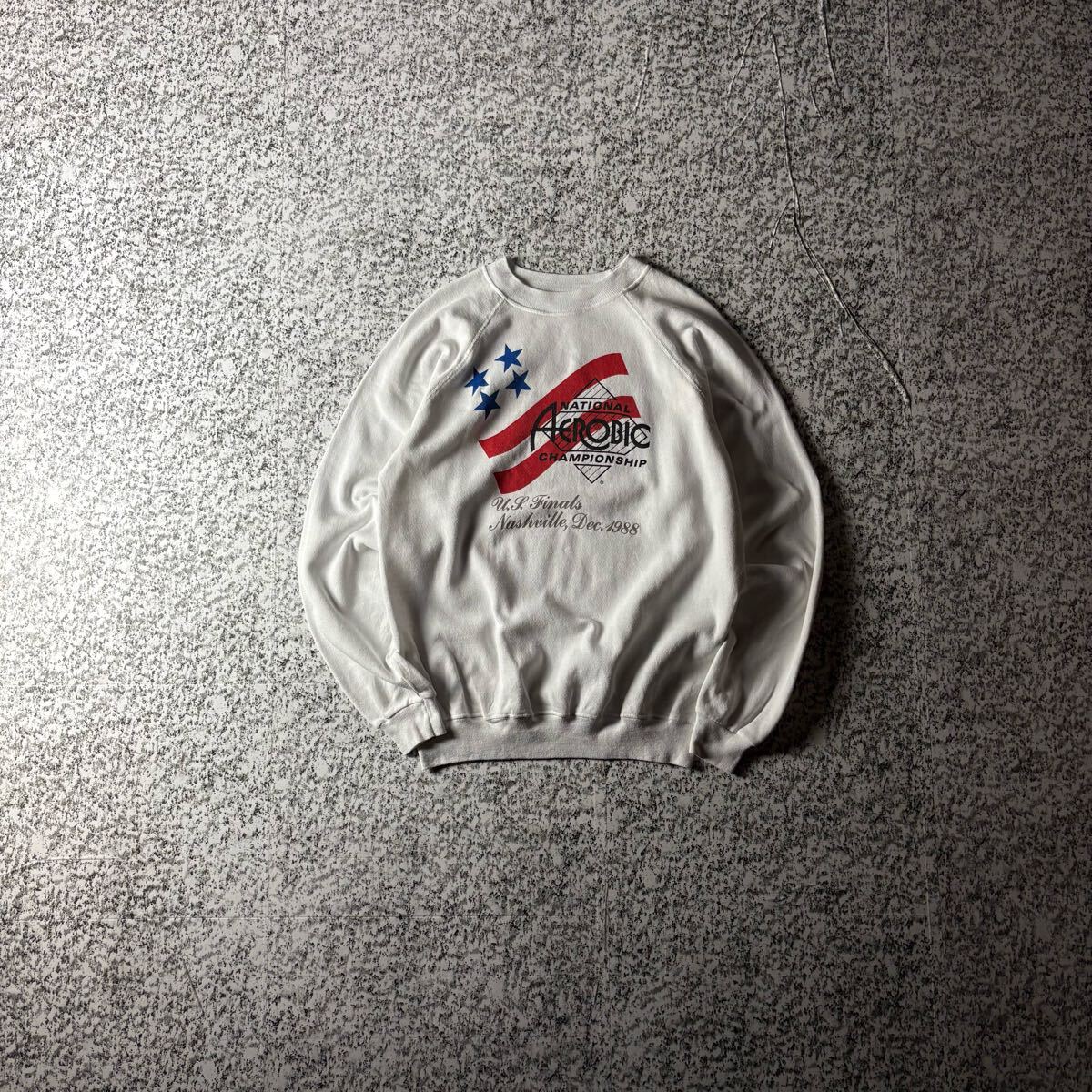 【80s USA製】ヘインズ ヴィンテージ ラグランプリントスウェットシャツ ホワイト Lサイズ 古着 トレーナー拍卖