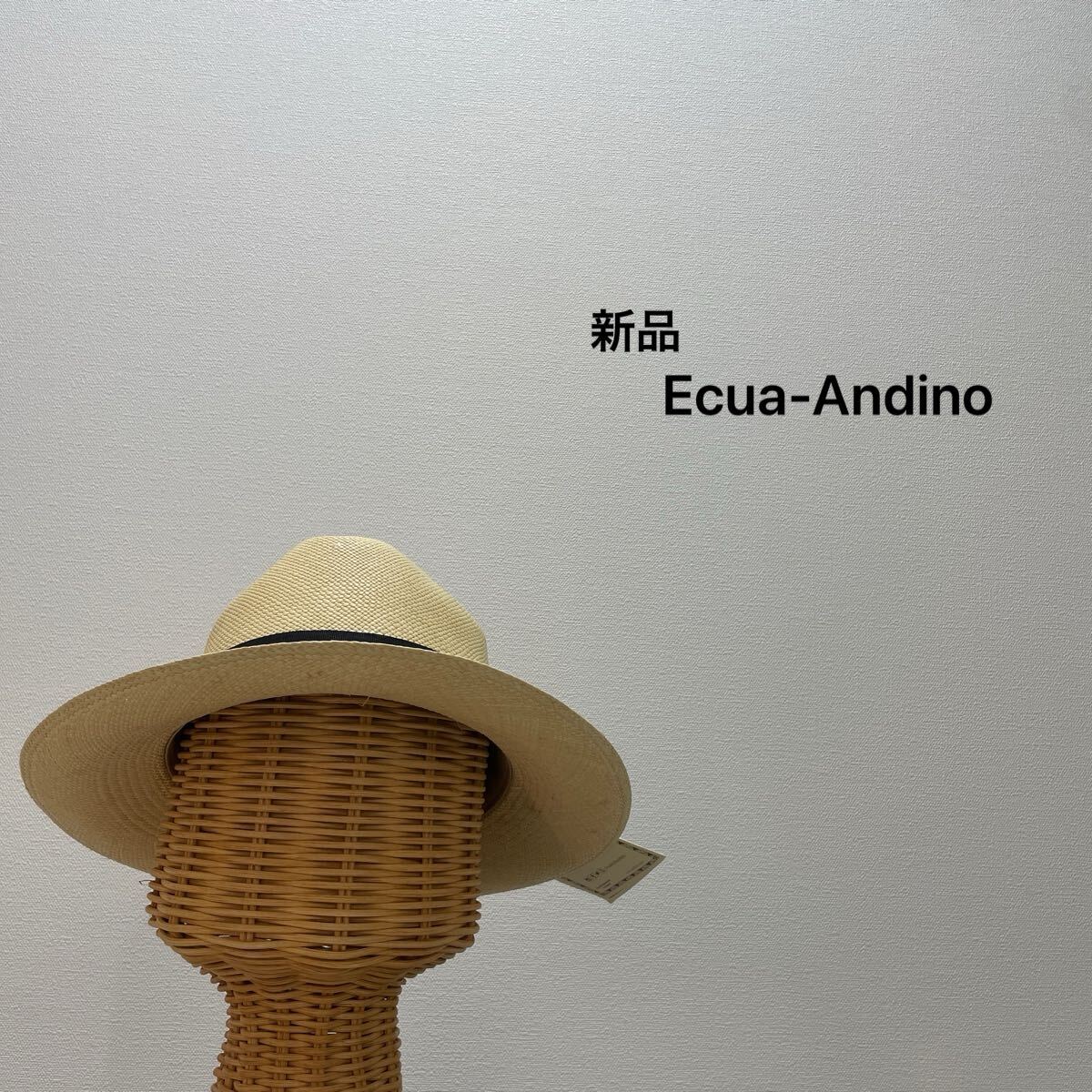新品 Ecua-Andino エクアアンディーノ 麦わら帽子 中折れハット パナマ草 エクアドル製 リボン ブラック ナチュラル サイズM 玉SS3147拍卖