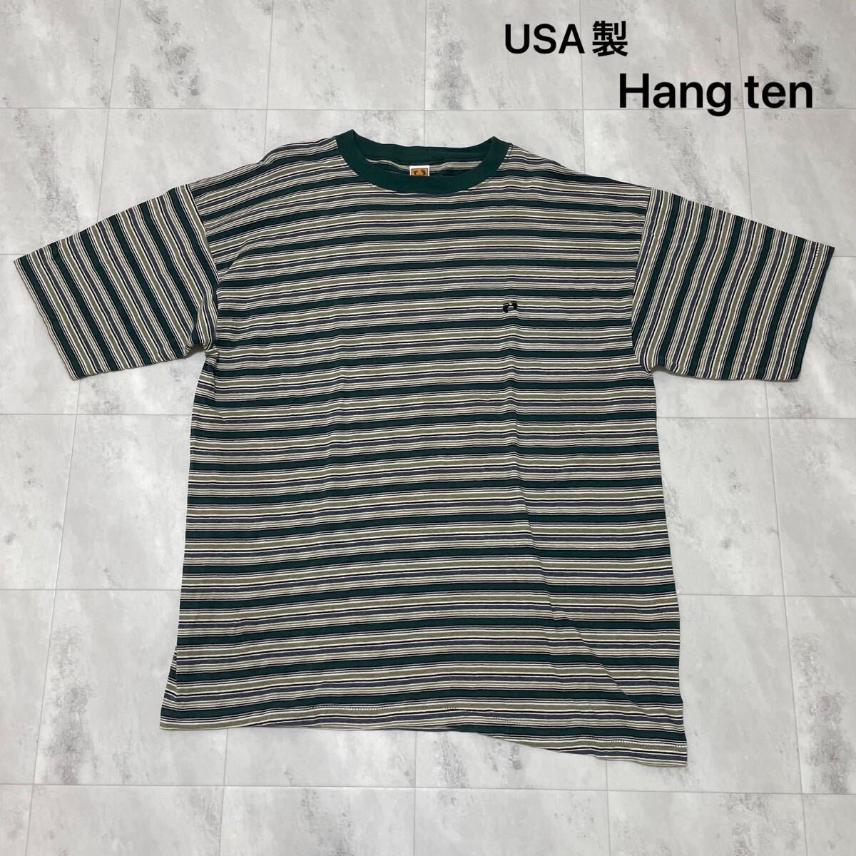 USA製 Hang ten ハンテン Tシャツ T-shirt TEE 半袖 90s ボーダー ヴィンテージ 刺繍ロゴ グリーン サイズXL 玉SS3232拍卖