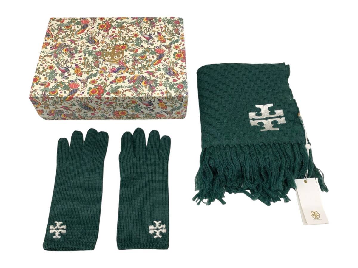 TORY BURCH (トリーバーチ) メリノウール ホイップステッチ T マフラー ストール 手袋 グローブ 2点セット グリーン ブランド/036拍卖