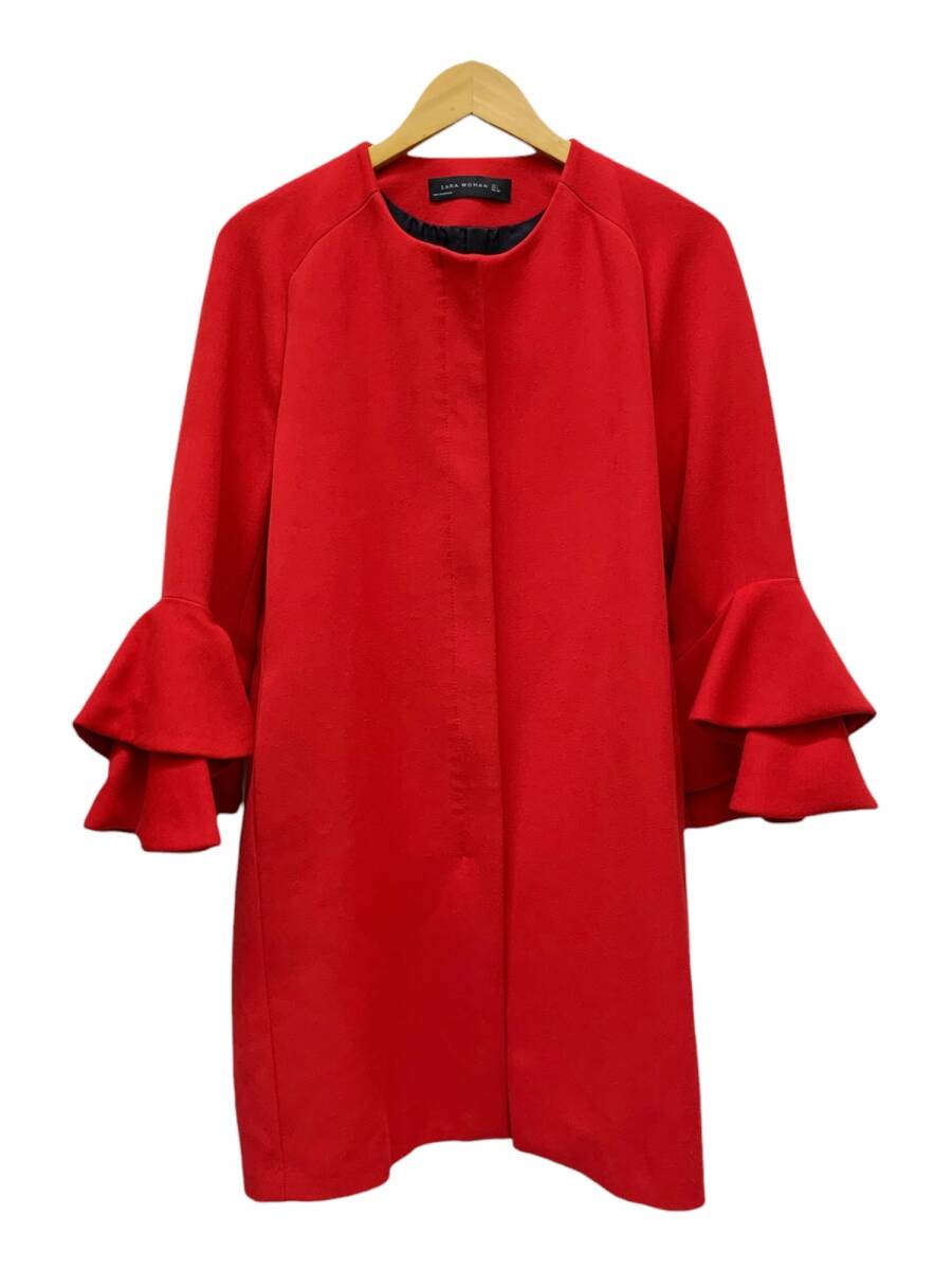 ZARAWOMAN (ザラウーマン) フリルスリーブコート ノーカラー七分袖 L レッド アイボリー レディース/036拍卖