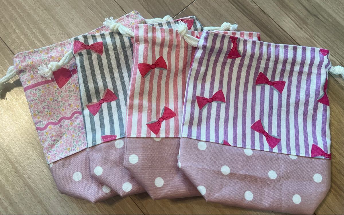 ●ハンドメイド●リボン柄 コップ袋*巾着袋 4枚組拍卖