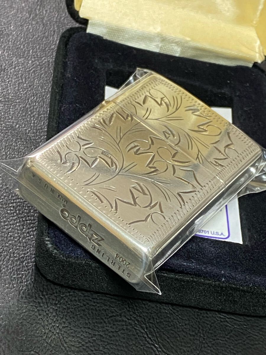 zippo スターリングシルバー 手彫り 純銀 両面刻印 希少モデル 2004年製 STERLING SILVER シルバーインナー 2003年製 ベロアケース 保証書拍卖
