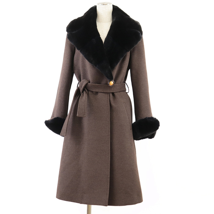 【美品】FENDI フェンディ メルトン コート リアルファー ダブルブレスト ウール アンゴラ カシゴラ ベルト付き レディース 40 茶 付属有拍卖