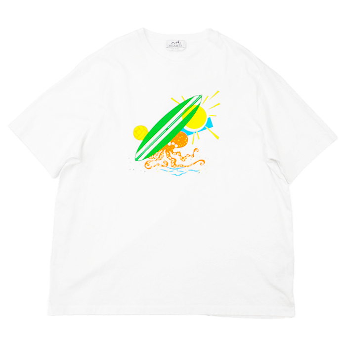 【美品】HERMES エルメス Tシャツ 2023SS Poulp'Watch 半袖 サーフィン ボード タコ 太陽 プリント コットン100% メンズ XXL 白 伊製拍卖