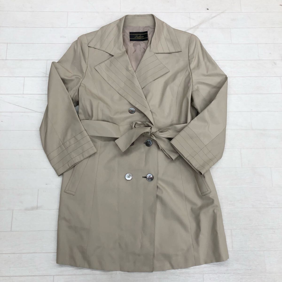 M11〓 Leilian レリアン ダブルミドルコート レディース サイズ11 ベージュ アウター コート シルク100%拍卖