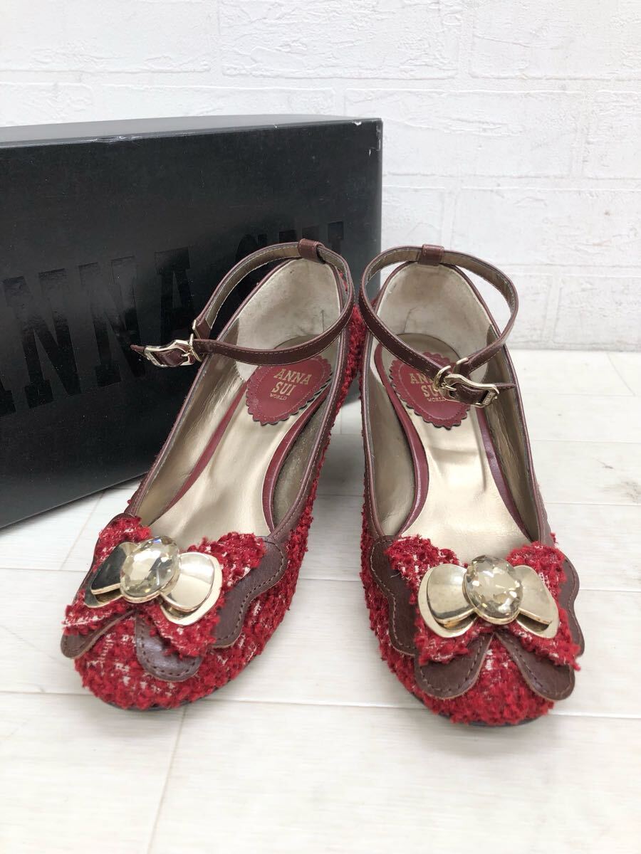 M7〓 箱付き ANNA SUI アナスイ ストラップパンプス レディース サイズ22.5 レッド ゴールド ダークブラウン 靴 シューズ拍卖
