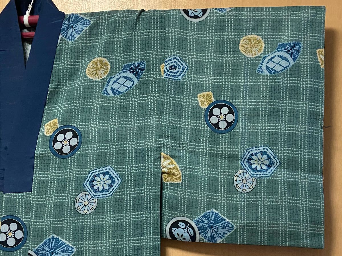 未使用◆粋♪錆緑地 梅 橘 車輪 扇面など可愛い小紋柄 男性用 ウール単衣(袖無双)長襦袢拍卖