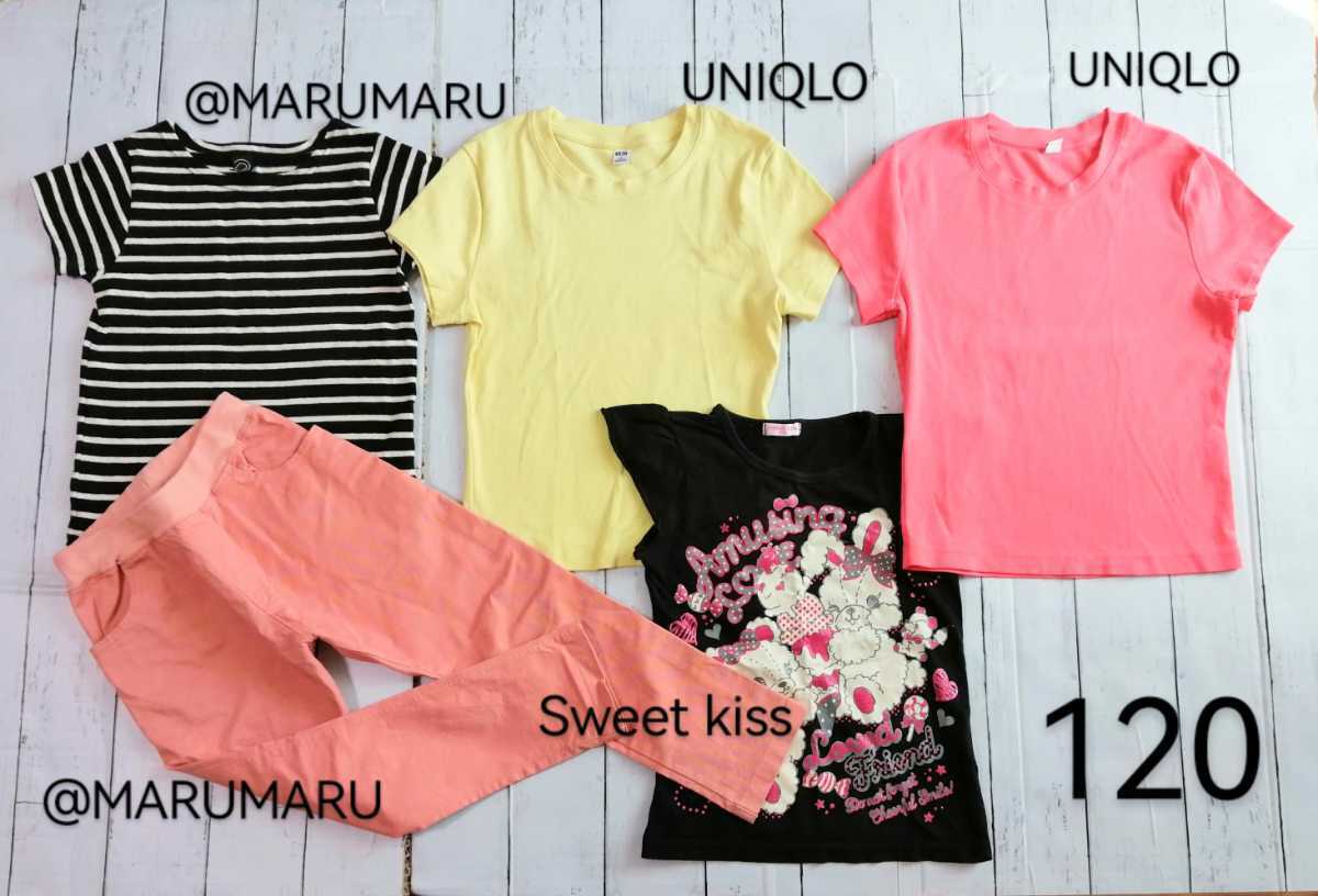 120サイズ5枚「◎MARUMARU ボーダー半袖Tシャツ ストレッチ長ズボン」「UNIQLO半袖Tシャツ 2枚」「SWEET KISSプリントTシャツ黒」マルマル拍卖