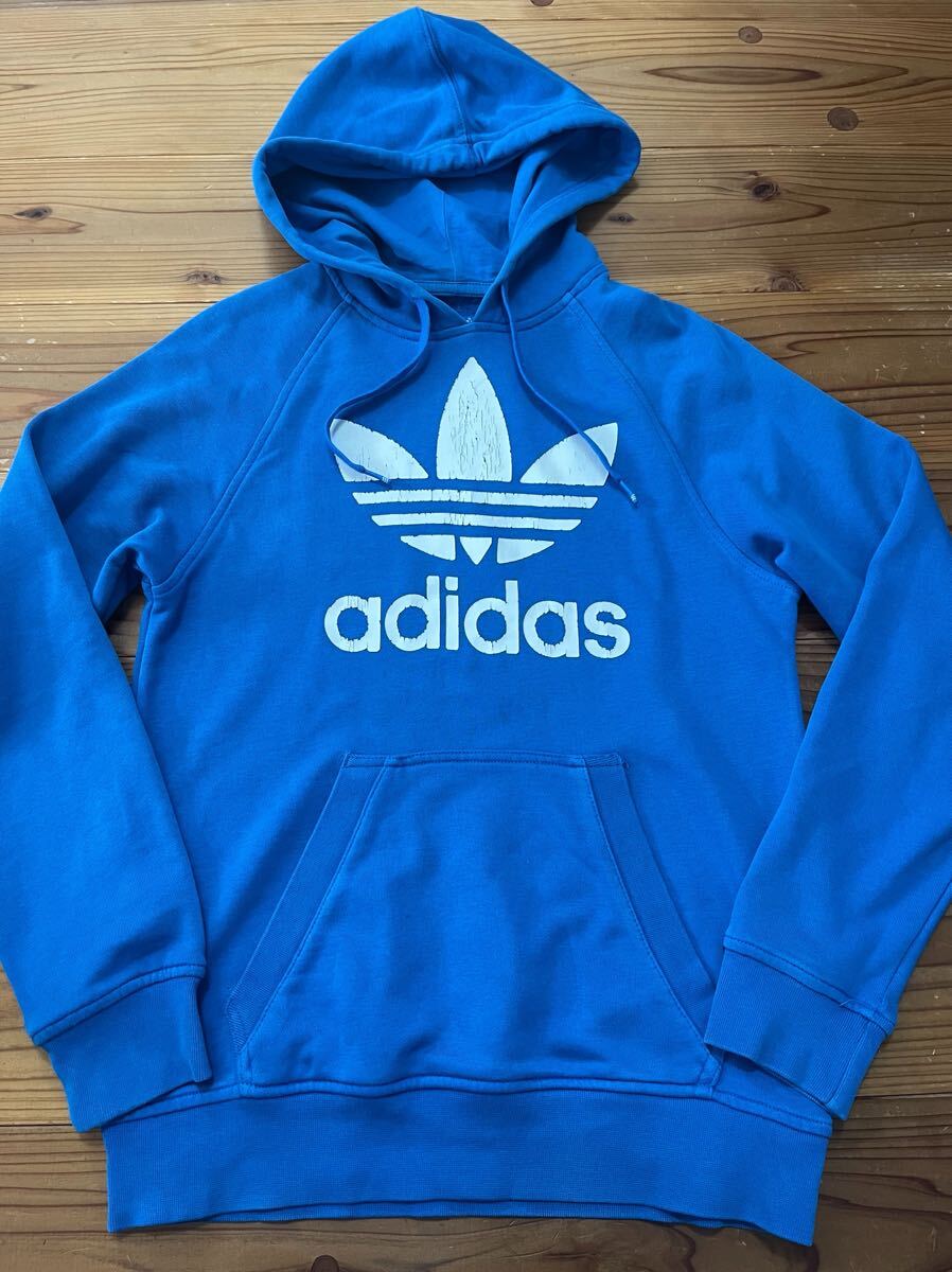 adidas パーカー アディダス 青 ブルー Sサイズ オリジナルス XS 男女兼用 三つ葉マーク スウェット 古着 USED 拍卖