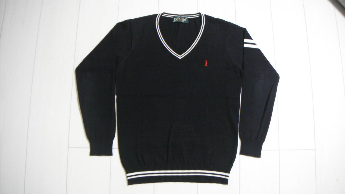 *** EASTBOY * Vネックセーター * 9号 * ネイビー * 深紅女神 * ライン入り * 薄手ハイゲージタイプ * 綿100% * USED ***拍卖