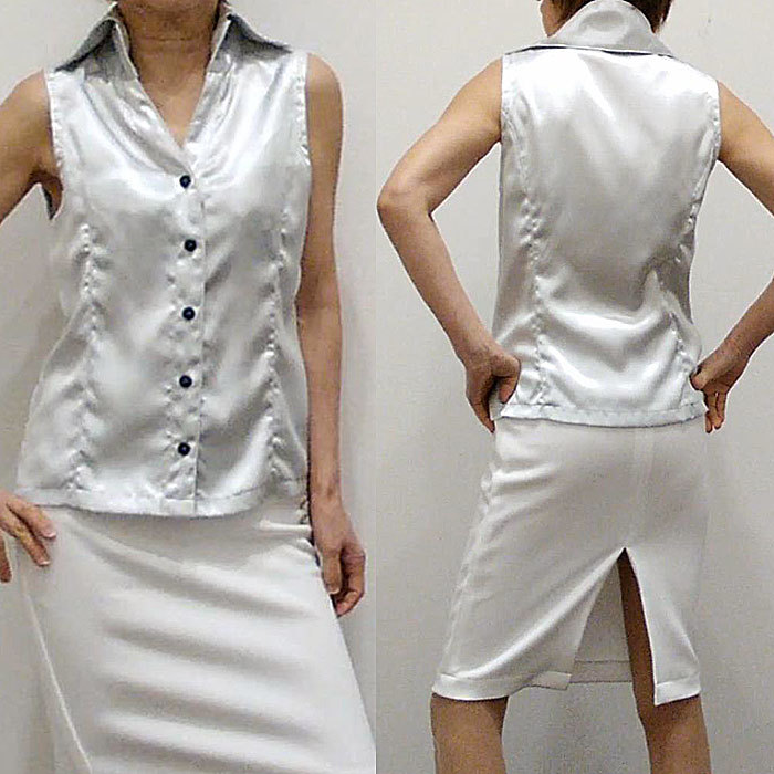 シルバーグレー系 ノースリシャツ 光沢 サテンシャツ サテンブラウス 伸縮性なし ストレッチなし 柔らか薄地サテン インナー 日本製拍卖