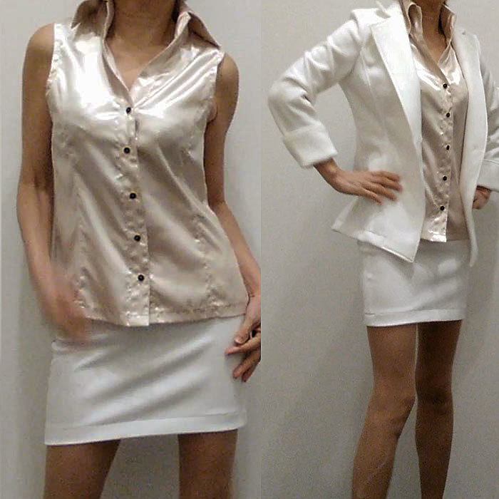 ベージュ系 ノースリシャツ 光沢 サテンシャツ サテンブラウス 伸縮性なし ストレッチなし 柔らか薄地サテン インナー 日本製拍卖