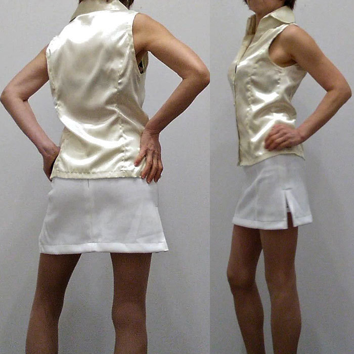 イエロー系 ノースリシャツ 光沢 サテンシャツ サテンブラウス 伸縮性なし ストレッチなし 柔らか薄地サテン インナー 日本製拍卖