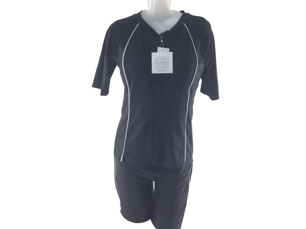 レディース水着 2点セット Fe 袖付き切替え補整水着 ゆったりバスト めくれ上がり防止 UVカット 大きいサイズ 8L オールブラック拍卖