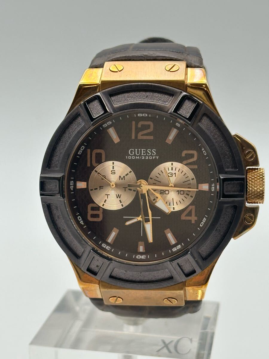 Y03004 GUESS ゲス リガー W0040G3 クォーツ ブラウン×ブラウン レザーベルト 腕時計 R7.3月電池交換済拍卖