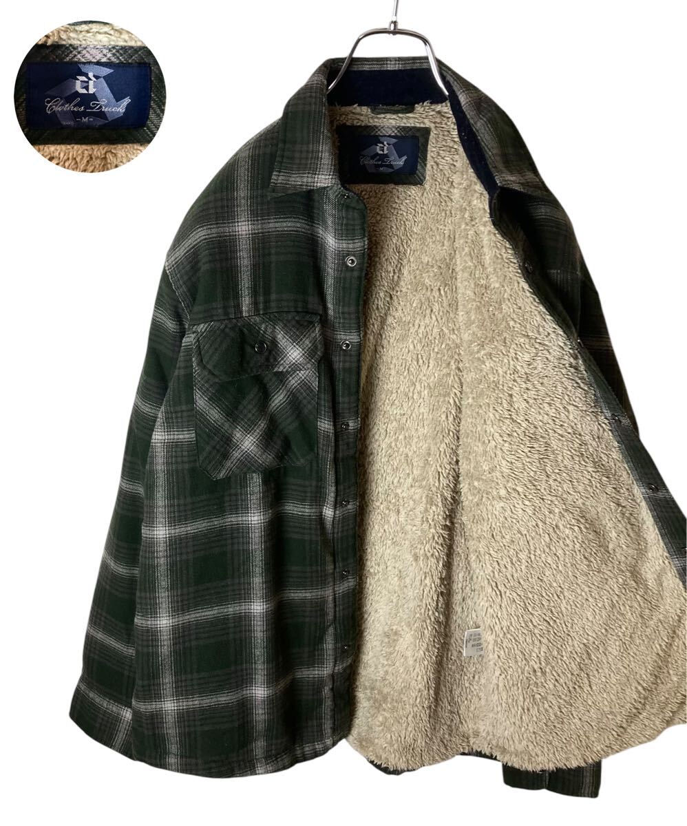 グッドデザイン古着くすみグリーンチェック裏ボアシャツジャケットゆったりサイズ拍卖