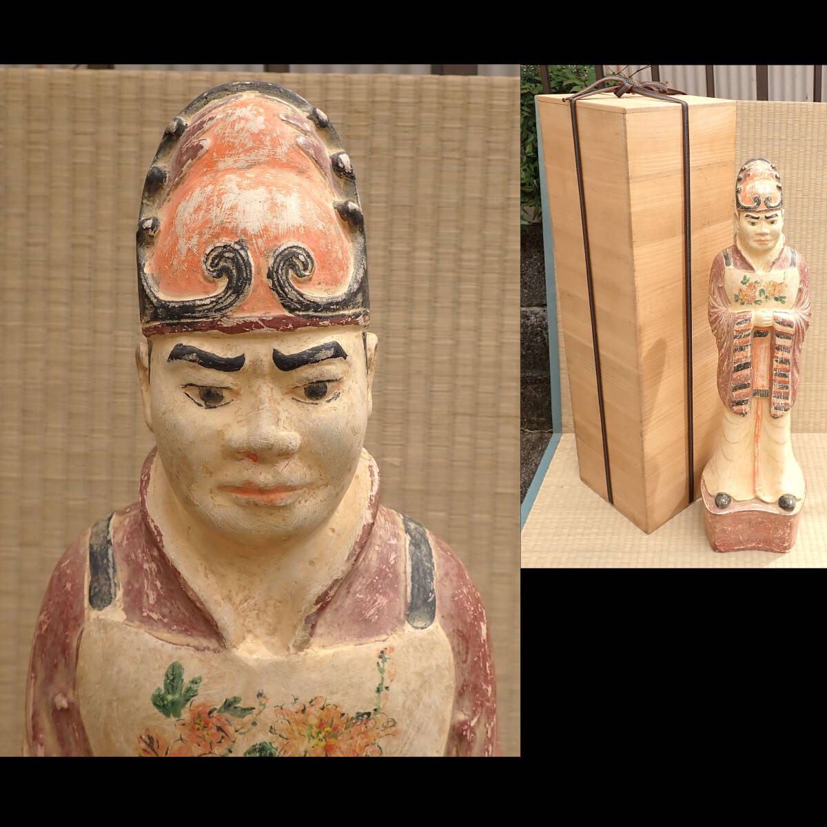 中国古玩【加彩人物俑 陶俑 文官俑 花紋 高さ72cm 共箱付き】灰陶加彩俑 古陶器 兵馬俑 人形 唐物 置物 オブジェ 時代 骨董 アンティーク拍卖