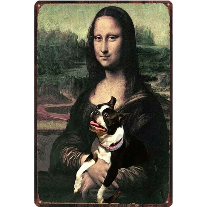 A3461 メタル サイン 金属 製 ブリキ 看板 プレート 店 絵画 名画 ダヴィンチ モナリザ パロディ 犬 ボストン テリア【8120拍卖