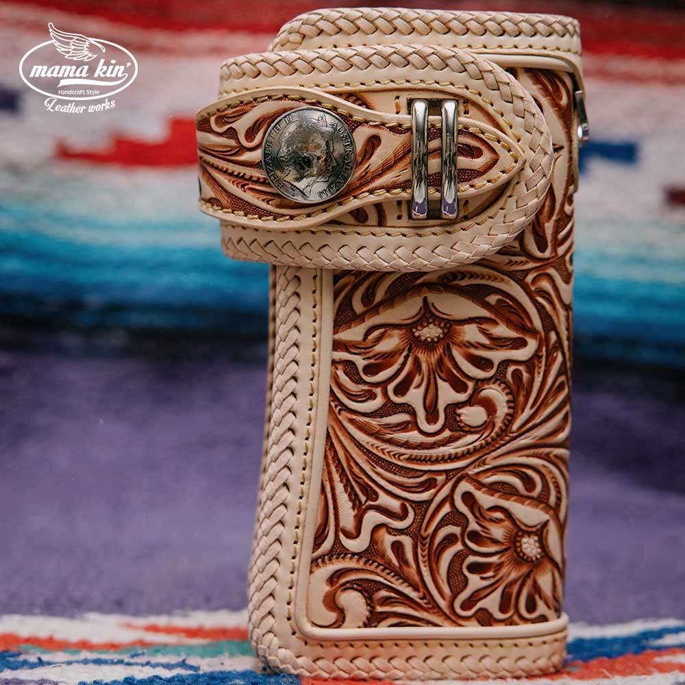 長財布 ライダースウォレット バイカーズウォレット ヌメ革 メンズ財布 本革 レザーウォレット レザーカービング サドルレザー 009cv85nl01拍卖