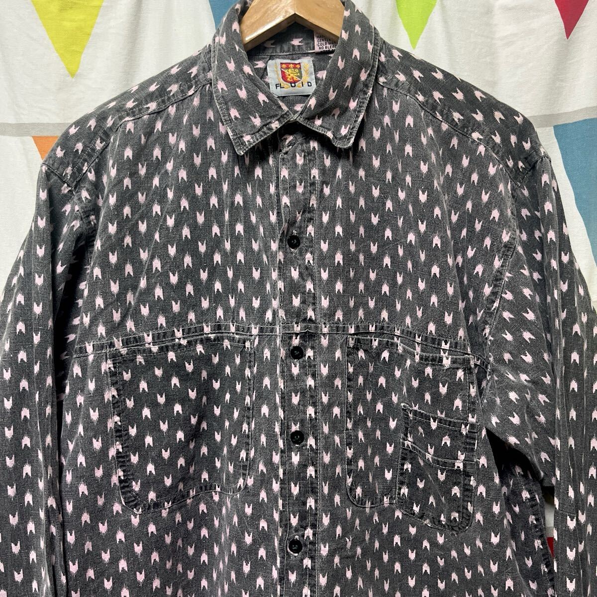 ビンテージ〜80's 黒ピンク バーズアイ変形ポケット ガチャポケ コットンシャツ インド綿 ブラックXピンク 長袖 シャツ拍卖