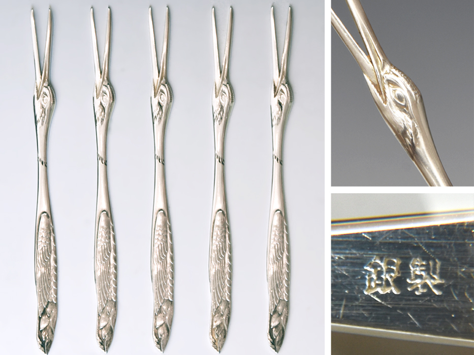 銀製 鶴文 彫金 楊枝 5本 33gフルーツピック 銀 silver シルバー 金属工芸 菓子楊枝  z9918a拍卖