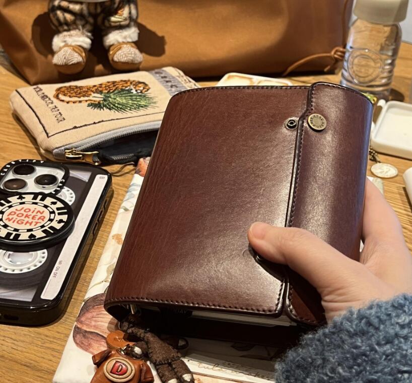 新品 システム手帳 ダブルリング A7 無地40枚 カバー バインダー リフィル付き ミニ ブラウン拍卖