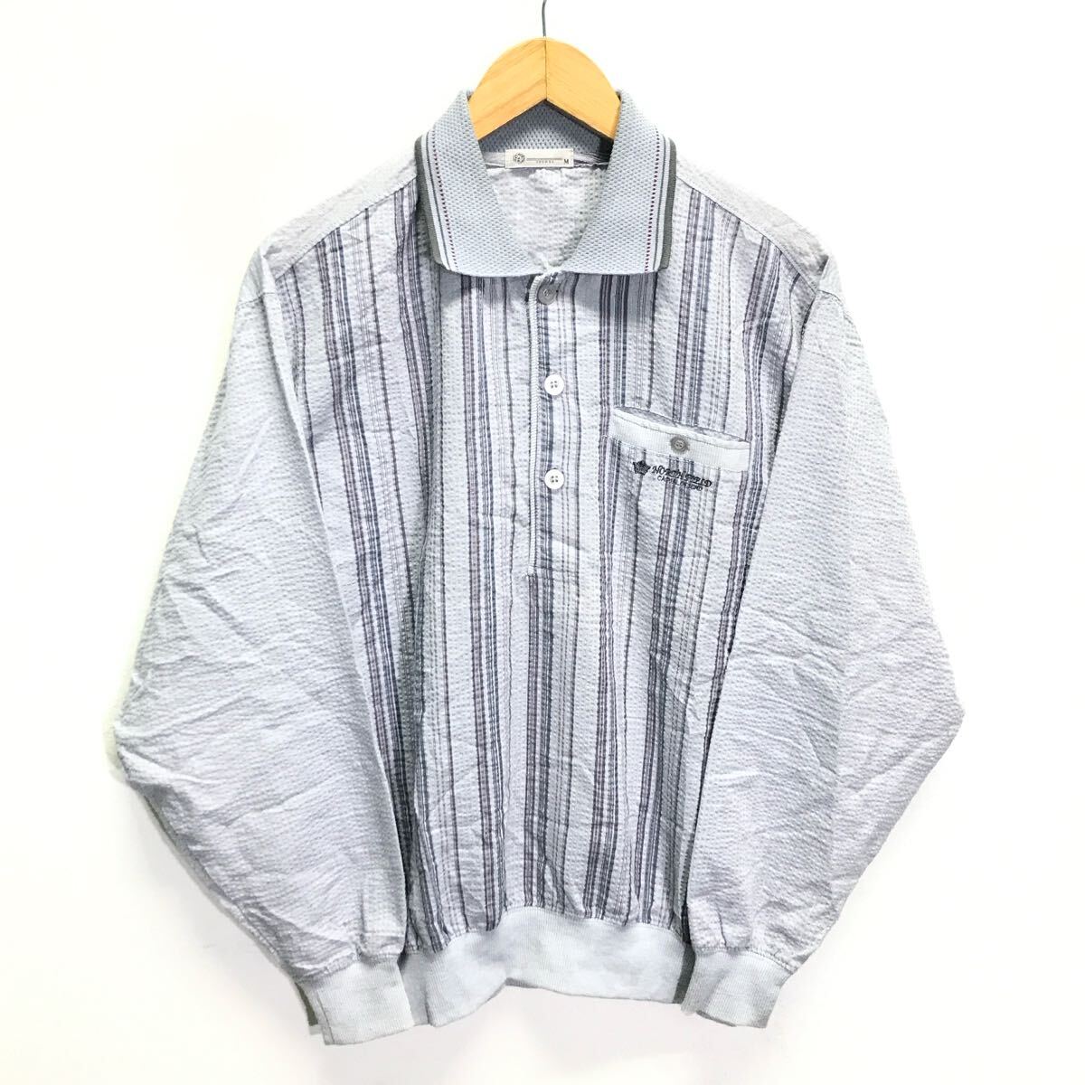ミドルエイジにオススメ◎春夏コーデ◎【NORTH FIELD】ノースフィールド トップス ハーフボタン 涼しい シアサッカー グレー M /Y27937ii拍卖