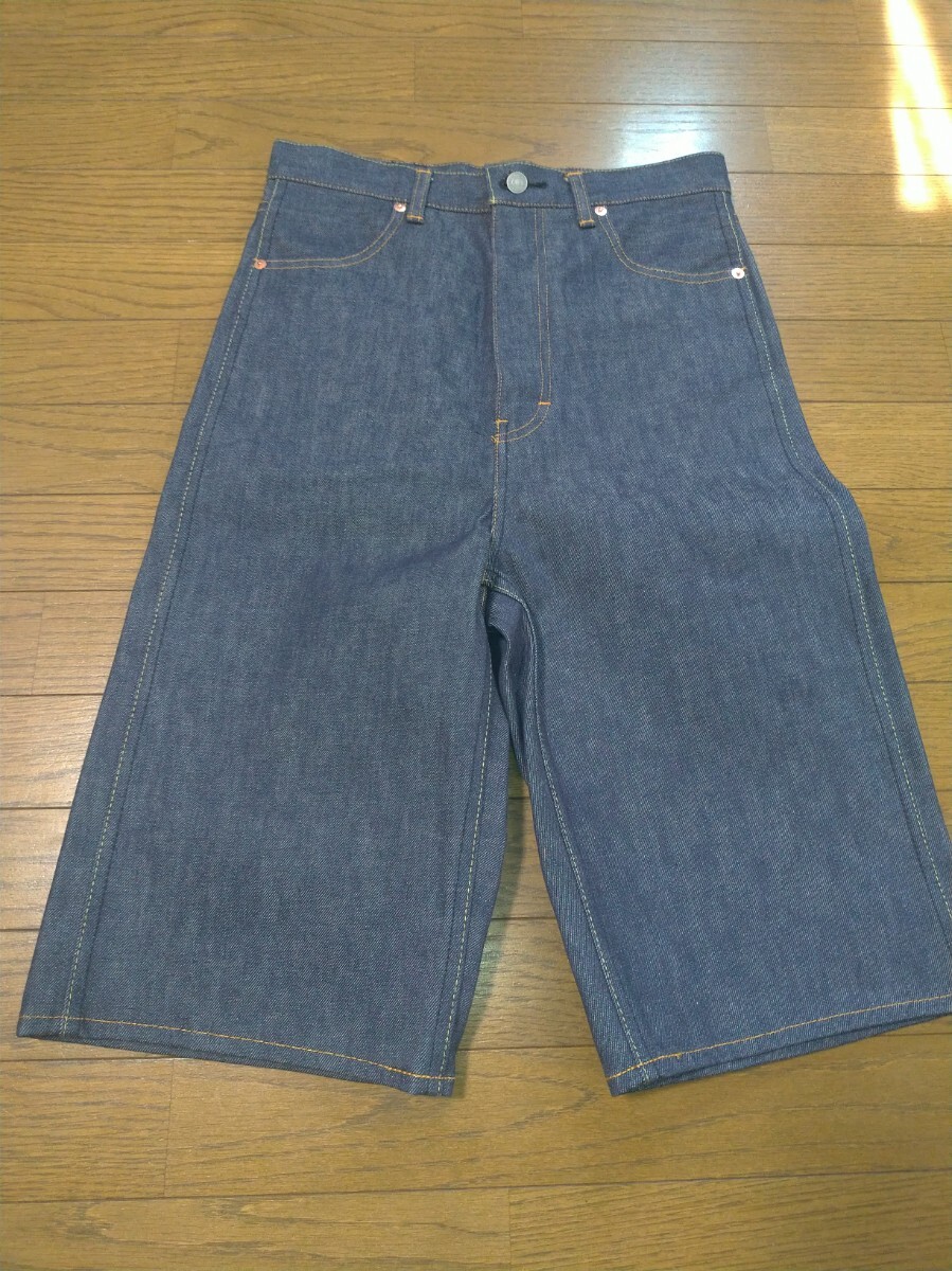 新品 ブラミンク BLAMINK ワイド ハーフデニムパンツ バックパッチポケットショーツ やぎ革パッチ レディース サイズ34 日本製拍卖