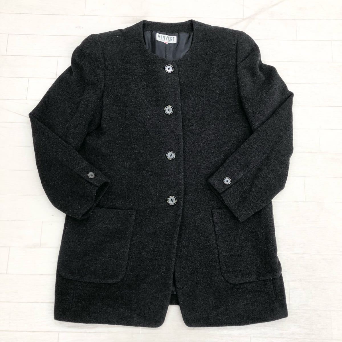 1706〓 VINVERT バンベール ノーカラーコート レディース サイズ11AR ダークグレー アウター ミドルコート シングルブレスト カジュアル拍卖