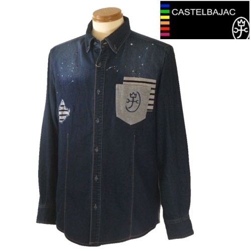 【SALE】カステルバジャック/CASTELBAJAC ニットデニムシャツ 48/Lサイズ 113-ネイビー系拍卖