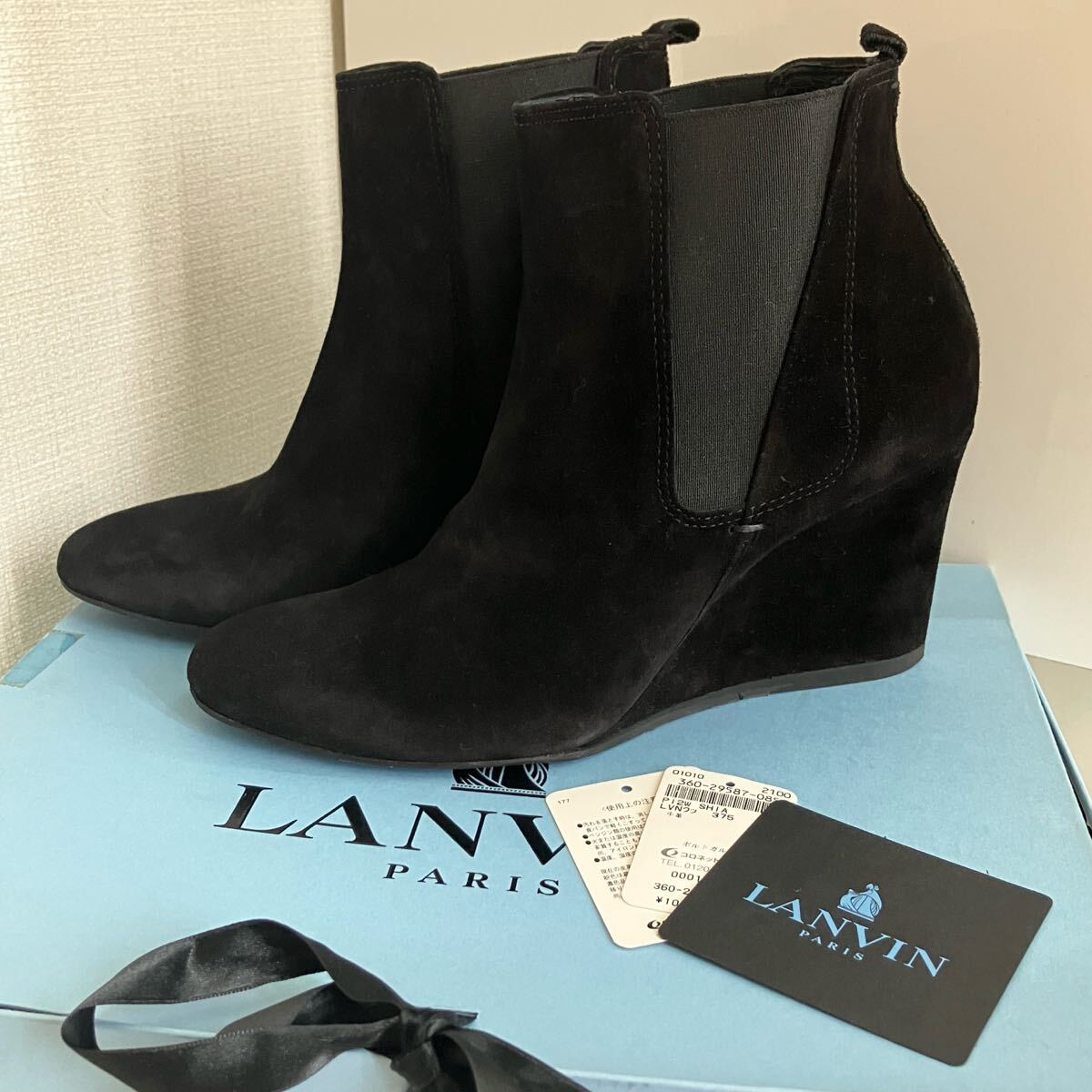 定価10万◎LANVIN ランバン 牛革 ウエッジソール ショートブーツ スエード 37 2/1 23.5cm サイドゴア インヒール 黒 ブラック 箱付き拍卖