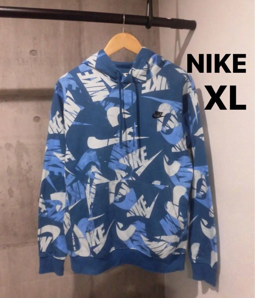 ナイキ ロゴ 総柄 スウェット パーカー プルオーバー フーディ メンズ XL ヴィンテージ加工拍卖