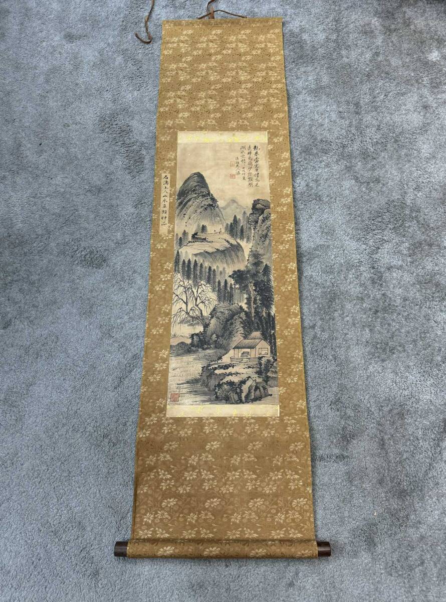 中国書画 掛け軸 中国・清時代 石涛書「山水立軸」紙本立軸 書道巻物 真筆逸品 肉筆保証 唐物古画 LOT-03018拍卖