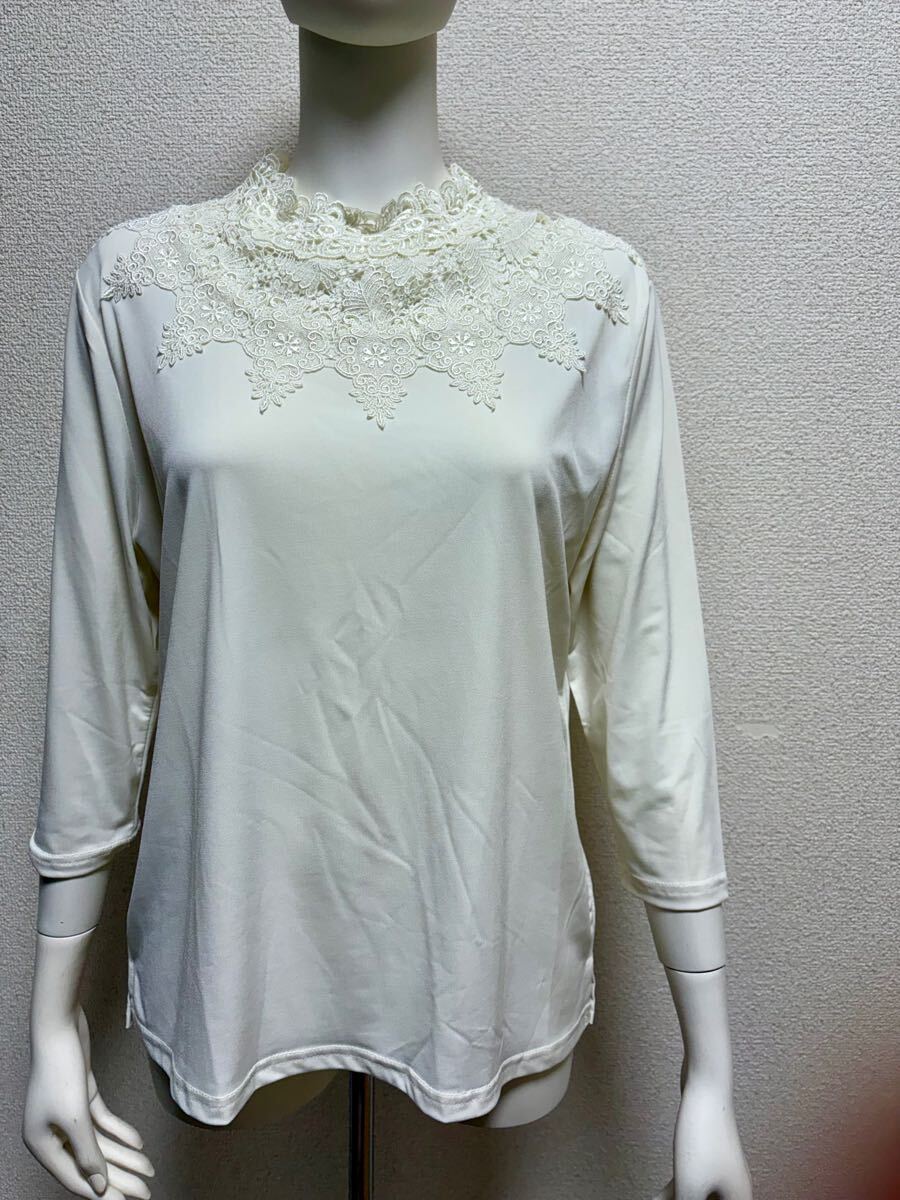 胸元レースハイネックフォーマル カットソー白 セレモニー入学式舞台衣装 ブラウス M拍卖