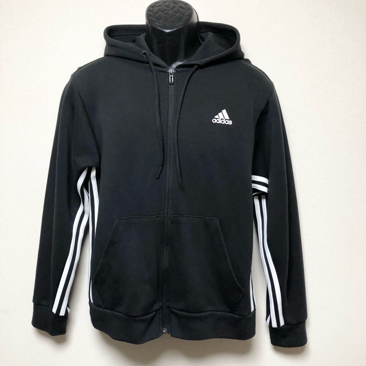 adidas /アディダス /メンズM 長袖 スウェット ジャケット パーカー 黒 ロゴプリント 三本ライン シンプル スポーツウェア拍卖