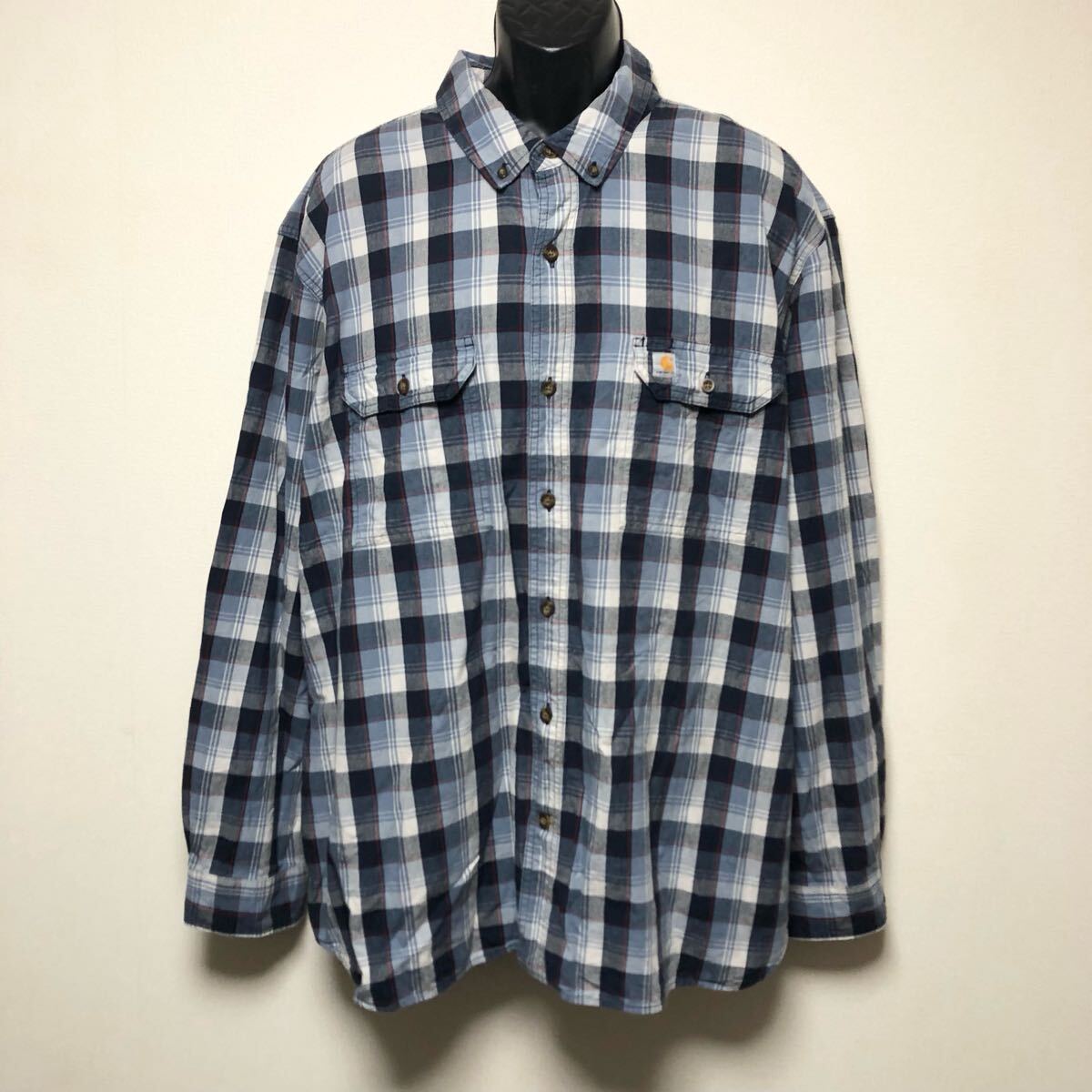 carhartt◇RELAXED FIT カーハート メンズ3XL 長袖シャツ ボタンダウンシャツ チェックシャツ ブルー系 コットン100% アメカジ ワーク 古着拍卖
