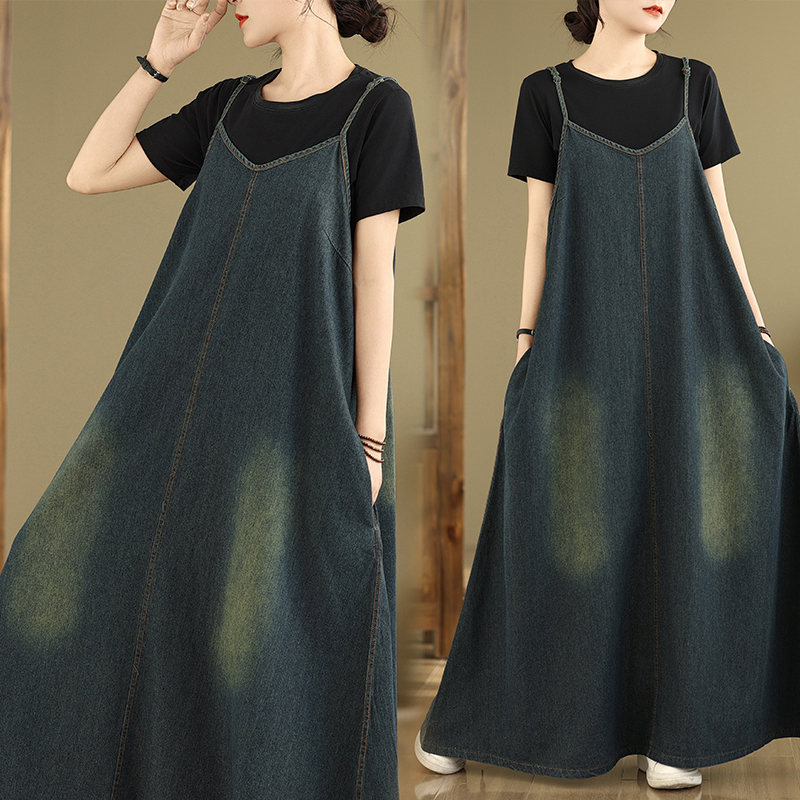 「同梱1万円送料無料」2025春*新作*カジュアル**ゆったり大きいサイズ*体型カバー*デニム*袖なしロングワンピース*拍卖