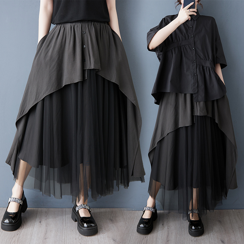 「同梱1万円送料無料」*2025春新作レディース*カジュアル*おしゃれ*重ね着風*チュール切り替え*ゆったり大きいサイズロングフレアスカート拍卖