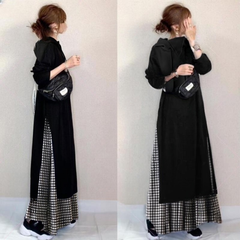 「同梱1万円送料無料」春新作カジュアル*重ね着風*チェック柄切り替え*長袖マキシロングワンピースS~L拍卖