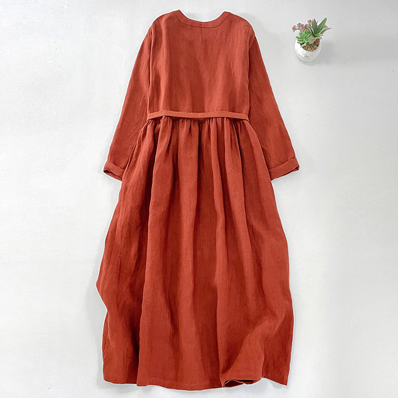 「同梱1万円送料無料」春夏新作*かわいい*ゆったり大きいサイズ*綿麻*無地*長袖ロングワンピース拍卖