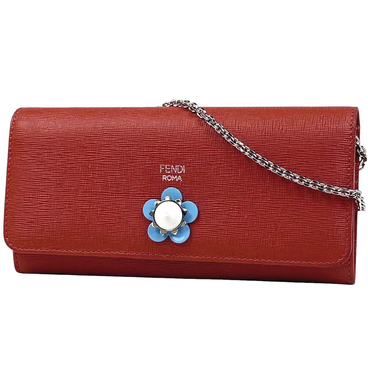 フェンディ FENDI ロゴ 二つ折り 長財布 チェーンウォレット フラワー 長財布 レザー レッド レディース 【中古】拍卖