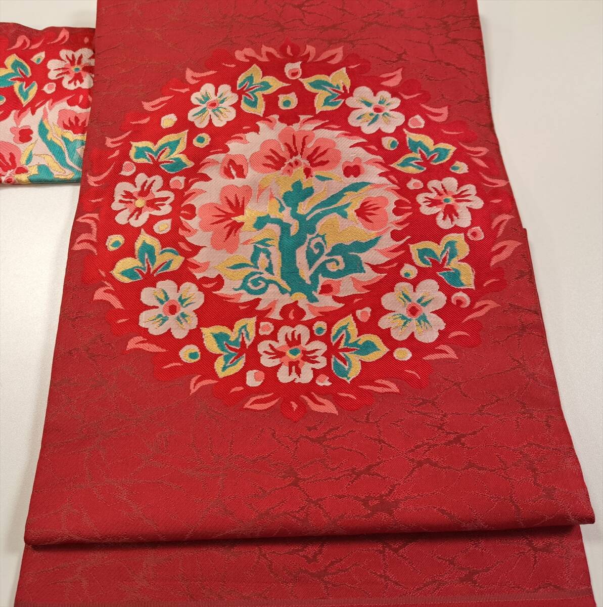 即決■着物の越田■幅31.5長さ348.5 正絹 アンティーク名古屋帯 名古屋仕立て 赤系 花 ■ひ13J10拍卖