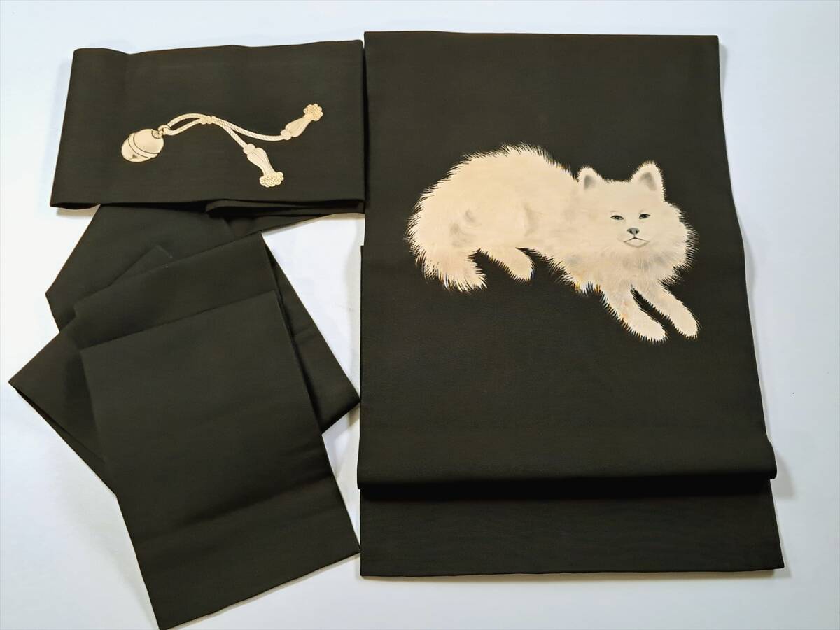 即決■着物の越田■幅30.5長さ354.5 正絹 名古屋帯 名古屋仕立て お太鼓柄 犬 山犬風 黒地 鈴 頭D◇ひ06J10拍卖