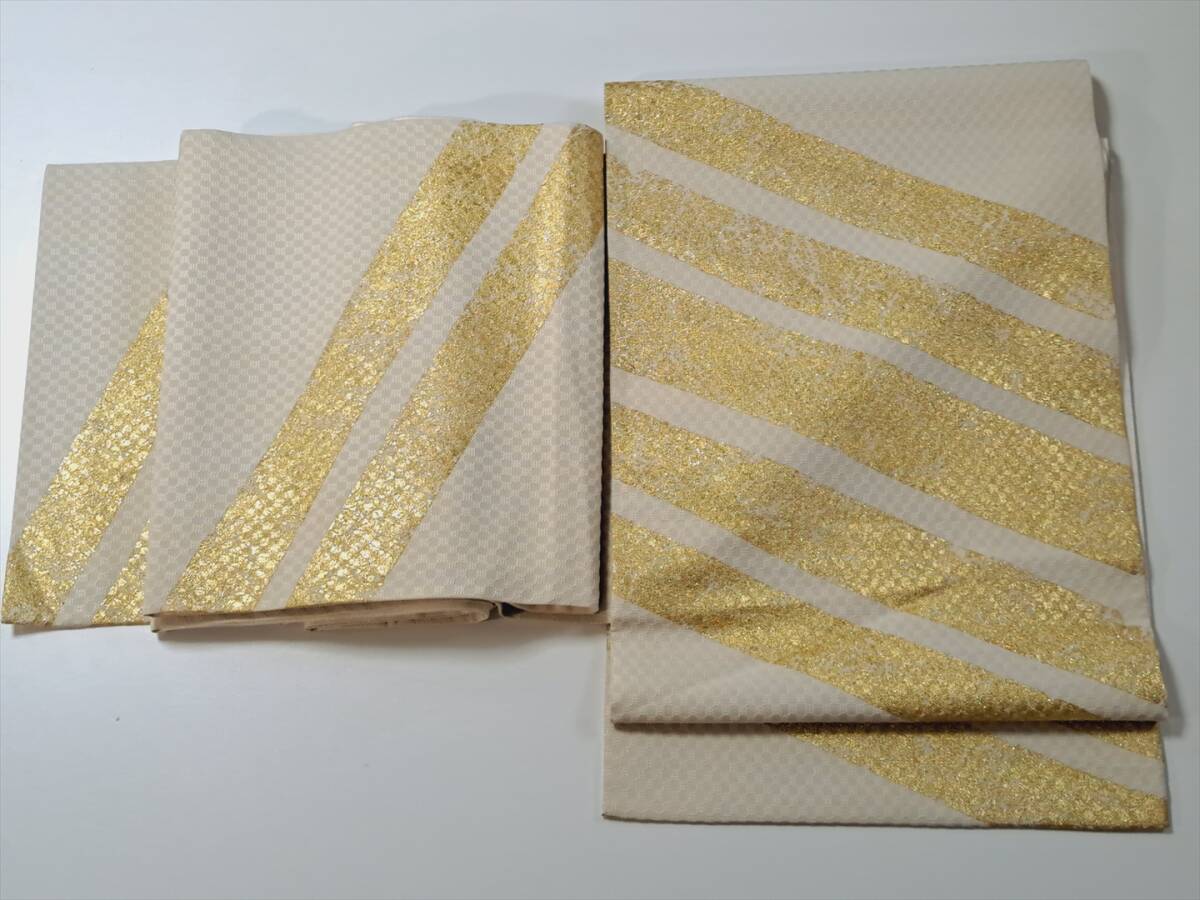 即決■着物の越田■幅31長さ475.5 正絹 袋帯 洒落袋 ★美品★ 斜め縞 金彩 モダン お太鼓柄 ■ひ13J14拍卖
