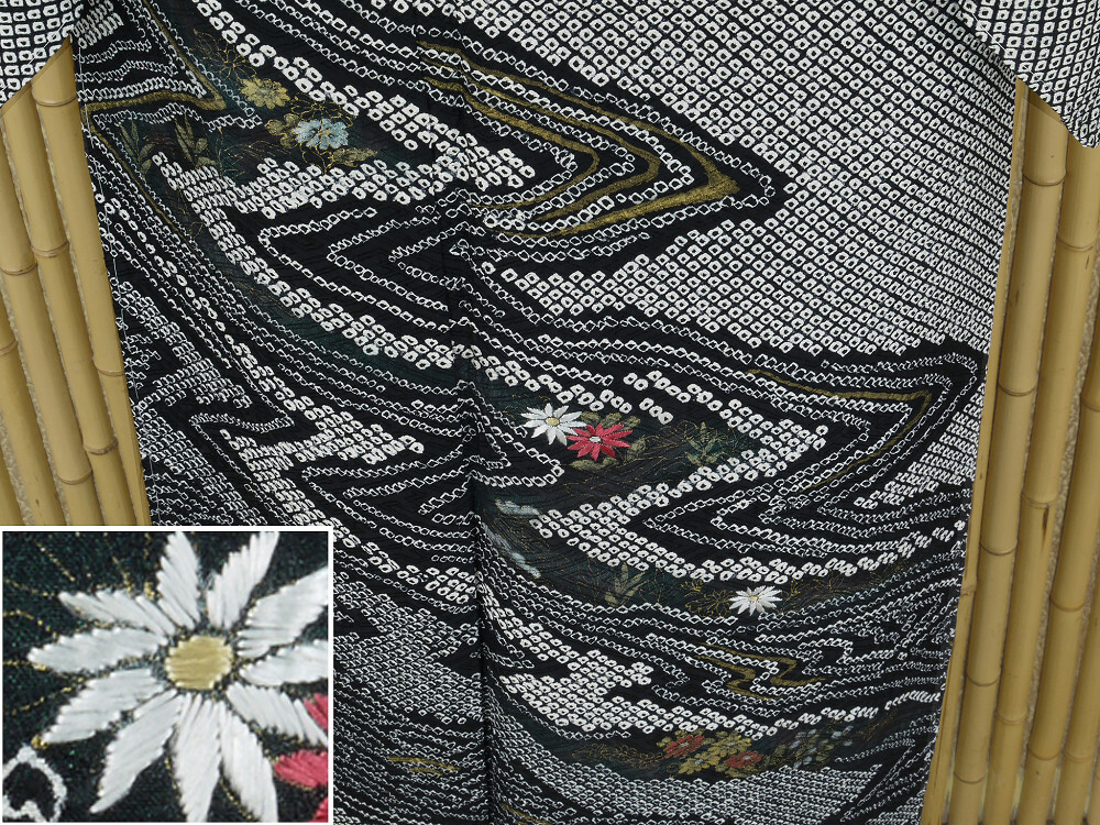 【京かんざし】429★総絞り訪問着 小花刺繍「鈴乃屋扱い」躾糸付未着用 黒地身丈155.5 cm裄丈63 cm★即決送料無料!拍卖