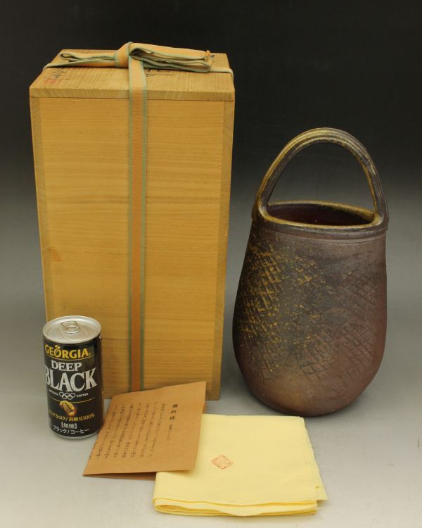 D456 備前焼 苔助造 手付花瓶 佐藤苔助 高さ27㎝ 共箱 供布 栞 花瓶 花器 花入れ 尾道 蔵出し 古玩 珍蔵拍卖